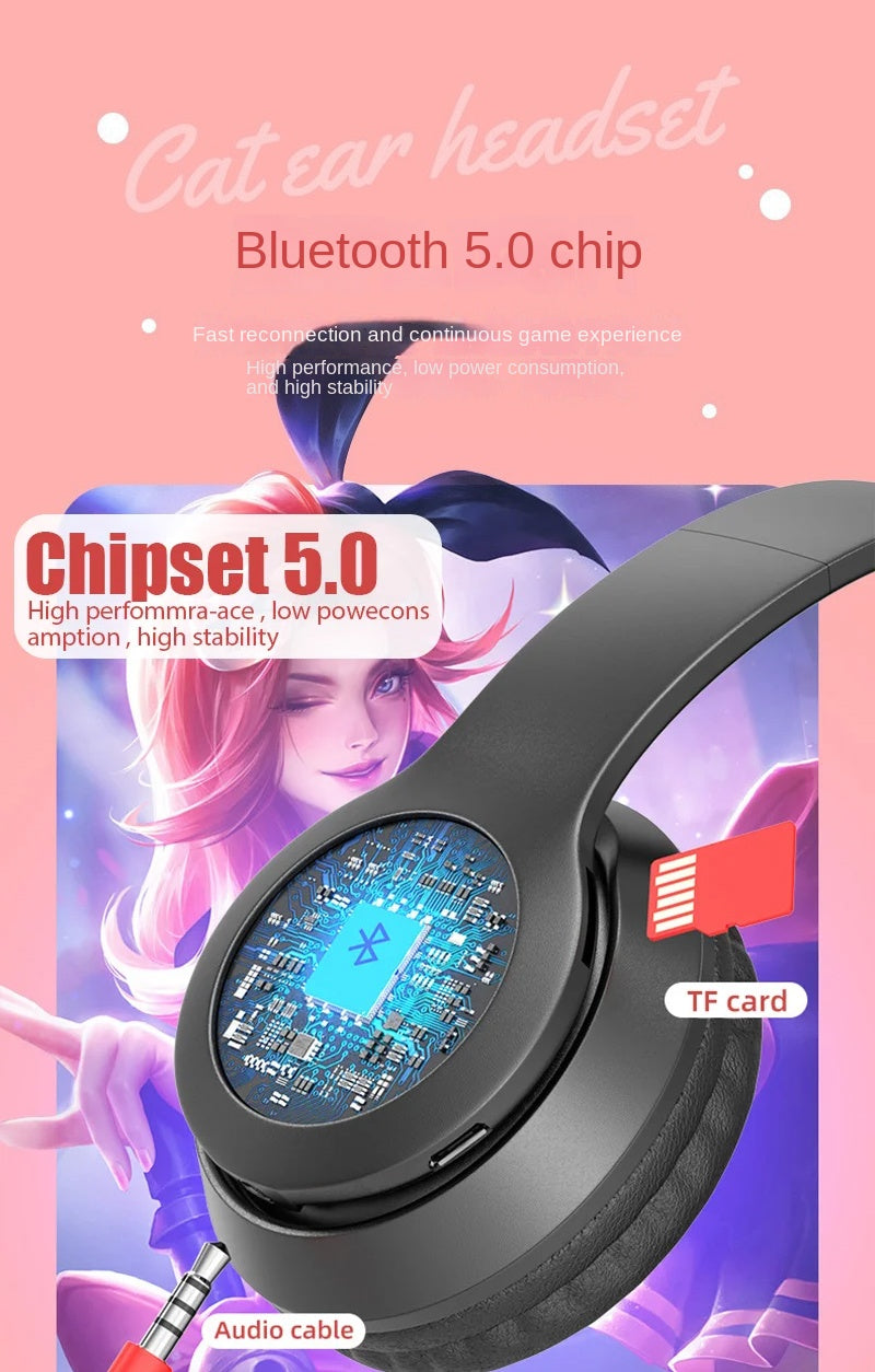 Wireless Headphones Cat Ear Bluetooth-Compatible Helmets Stereo Bass Over-Ear Headsets Sports Headphones for Kids and Adult